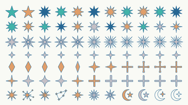 Ensemble complet d'ic&ocirc;nes vectorielles repr&eacute;sentant des &eacute;toiles scintillantes, des formes c&eacute;lestes, des croix et des lunes dans une palette de couleurs pastel et bleu marine.