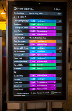 New York, New York USA - June 6, 2026: Long Island Rail Road departures board in Penn Station.