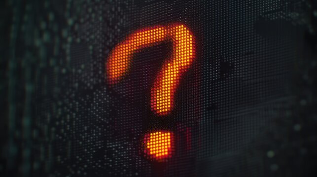 close-up of a glowing orange question mark on a dark pixelated digital display conveying mystery and uncertainty