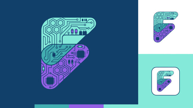 Conception cr&eacute;ative de la lettre F stylis&eacute;e sous forme de circuit imprim&eacute; &eacute;lectronique avec des nuances de bleu et de violet, id&eacute;ale pour une identit&eacute; visuelle technologique moderne.