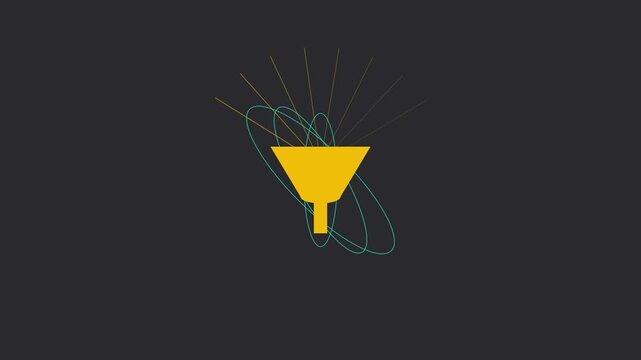 Animated funnel with rotating orbital rings for data filtering and business analytics concept animation 4k