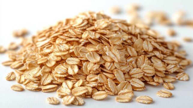 pile of uncooked rolled oats and scattered oat flakes on a white background, warm wholesome comforting close-up