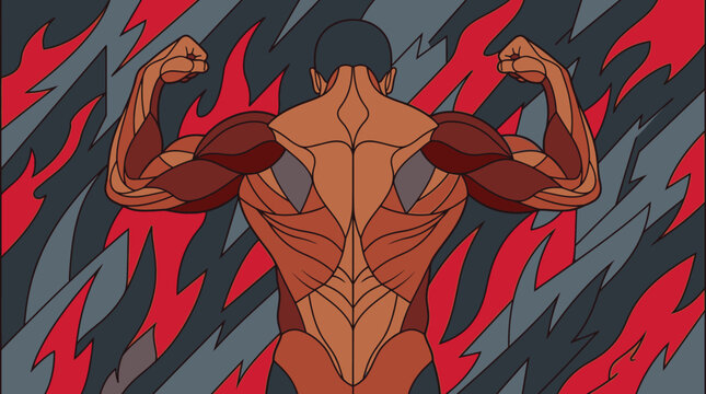背中を向け、力こぶを誇示する筋肉質な男性の解剖学的なイラスト、炎のような背景の前でポーズをとる