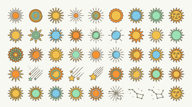 Ensemble d'ic&ocirc;nes vectorielles repr&eacute;sentant divers soleils stylis&eacute;s, &eacute;toiles filantes et constellations dans un style r&eacute;tro boh&egrave;me aux couleurs pastel douces sur fond clair.