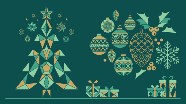 Illustration vectorielle de No&euml;l avec un sapin g&eacute;om&eacute;trique, des boules d&eacute;coratives, des cadeaux et des flocons de neige sur un fond vert fonc&eacute; &eacute;l&eacute;gant pour des cartes de v&oelig;ux festives.