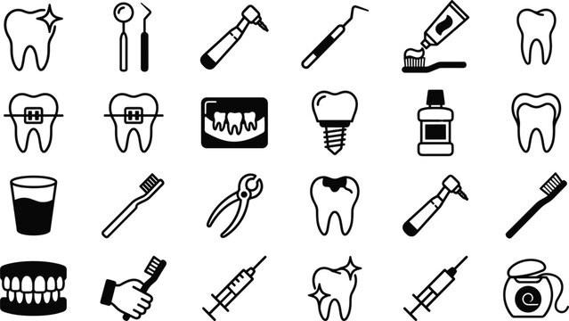 Dental care and dentistry line art vector icon set featuring teeth braces implants tools and hygiene equipment