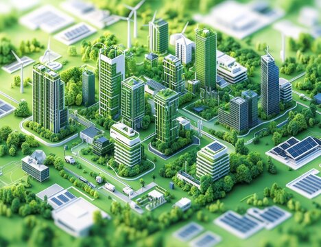 Miniature sustainable city with green skyscrapers, rooftop gardens, solar panels, wind turbines, tree-lined streets, electric vehicles and parks radiating calm eco-friendly optimism