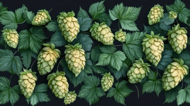 lush hop vine with clustered green hop cones and serrated leaves on a dark background, evoking fresh abundance and botanical calm