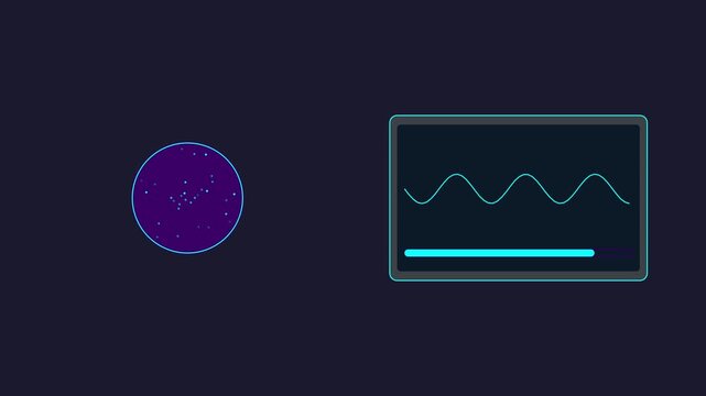 Digital data analysis interface with animated sine wave and particle sphere for science and technology visualization animation 4k