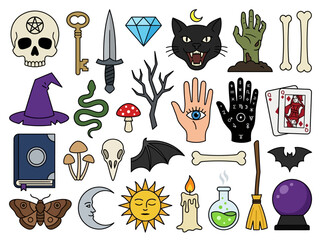 Obraz premium Occult and witchcraft icon set featuring mystical symbols, spooky elements, and magical tools