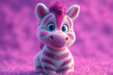 Naklejka premium adorable fluffy baby zebra-like creature with pink and white stripes and big blue eyes smiling on fuzzy pink grass, cheerful and playful