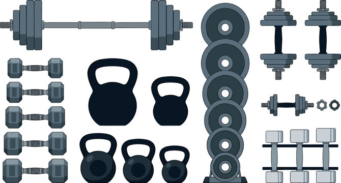 Gym workout weight training equipment vector set with barbells dumbbells kettlebells and plate storage rack