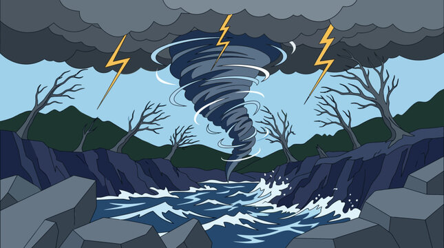 Cartoon illustration of a violent tornado and lightning storm hitting a rocky coast with crashing waves.