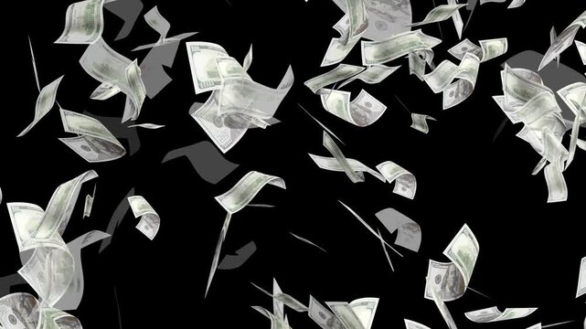Money Falling - Dollar bills falling down from the sky.Money falling dollar banknotes on a transparent background.US dollar banknotes flying in super slow motion against black background.