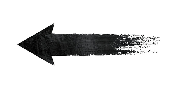 Grunge style arrow sign pointing left with distressed texture and rough edges isolated on a solid black background isolated on a transparent background