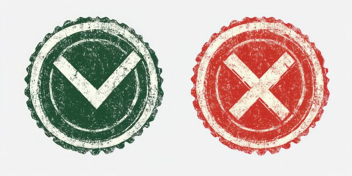 distressed green circular approval stamp with check mark next to distressed red circular rejection stamp with cross on white background conveying approval and disapproval