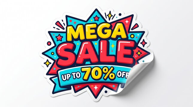 Vibrant Mega Sale sticker with colorful text and shapes on white background