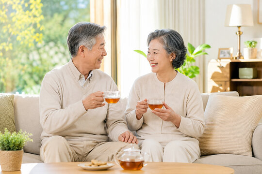 햇살 좋은 거실에서 차를 마시며 미소 짓는 노부부