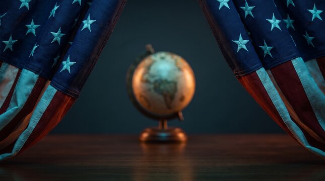 A vintage world globe centered and softly focused behind an opened pair of dark blue american flag theater curtains