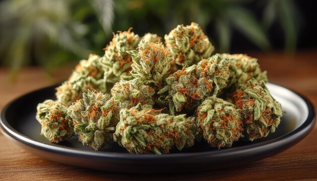 Close-up of dried cannabis buds with orange pistils and visible trichomes piled on a black plate on a wooden table, warm earthy inviting still life