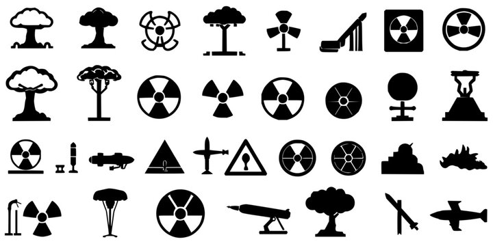 Nuclear weapon symbols set with a 4x4 grid of black and white minimalist vector icons featuring mushroom cloud, atomic symbol, radiation warning signs with bombs and missiles