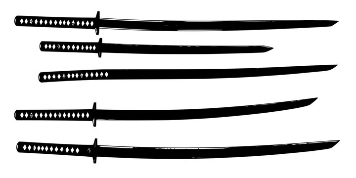 Japanese swords set with horizontal arrangement displaying blades pointing right featuring katana, wakizashi, tachi with sleek and black and white