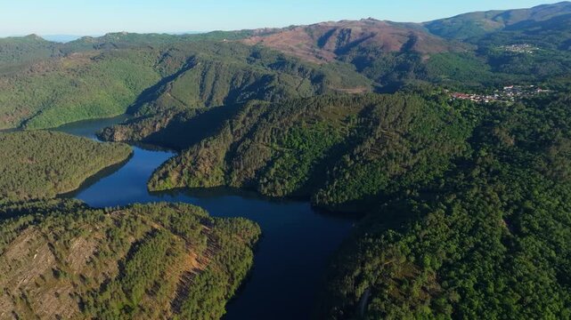 Avia River Valley And Surrounding Galician Villages At Mirador de San Vicente In Avi&oacute;n, Ourense Province Of Galicia, Spain. Aerial Drone Shot