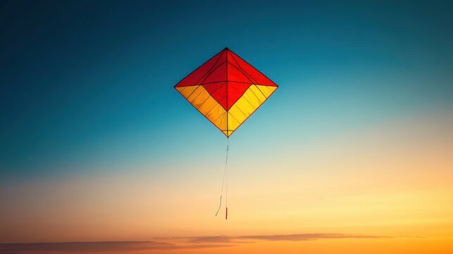 solitary red and yellow diamond kite soaring above a calm horizon at sunset, evoking peaceful and nostalgic feelings