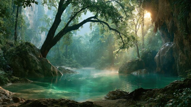 Sunlit tropical cave lagoon with emerald water and mist.