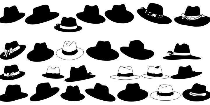 Collection of 20 different black and white hats, including fedoras, sun hats, and wide-brimmed hats, arranged in a 5x4 grid on a white background. Each hat is depicted in a minimalist, silhouette s...