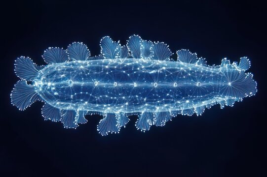 Glowing translucent comb jelly with delicate luminescent cilia and filamentous frills floating on a dark background, ethereal and serene