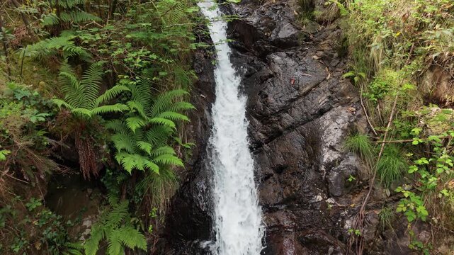 Pozo do Inferno Rocky Waterfalls In Galicia, Spain. Aerial Shot