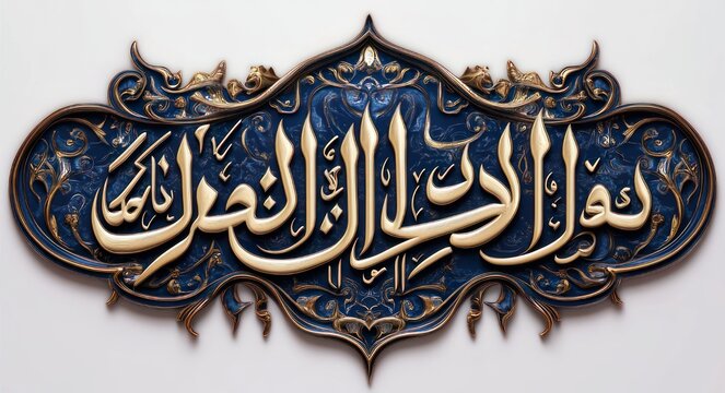 ornate blue and gold arabic calligraphy plaque with intricate floral filigree and embossed metallic frame, elegant regal and reverent