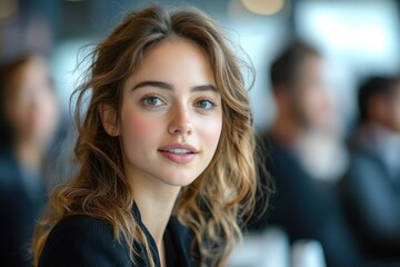 Obraz premium professional woman with wavy hair in a dark blazer attentively listening during an office meeting with blurred colleagues in the background, calm focused mood