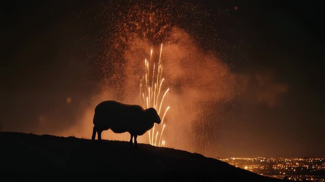 Sheep Silhouette Against Night Sparks 4K Generative AI
