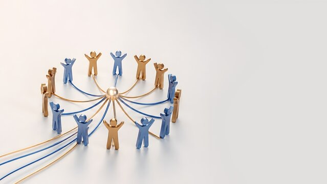 Business teamwork and organizational alignment concept with metallic figures connecting to a central glowing core