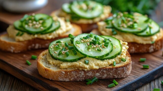 rustic bread slices topped with creamy hummus, cucumber rounds, sesame seeds and chopped chives on a wooden board, fresh bright and appetizing