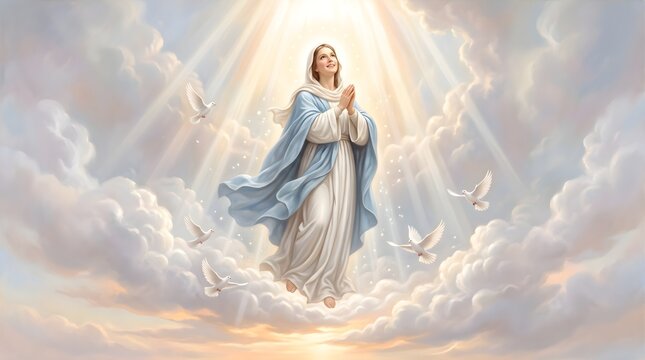 Majestic Assumption of Mary Above the Clouds Representing Hope Faith and Eternal Peace