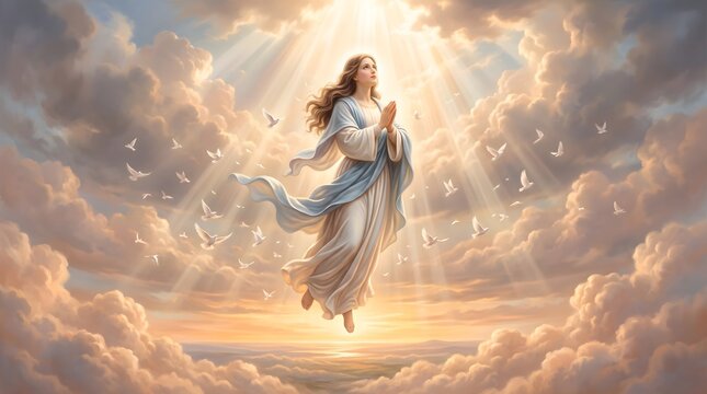 Peaceful Religious Scene of the Assumption of Mary with Golden Sunrise Above the Clouds