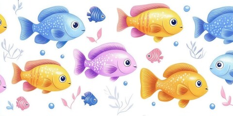 Fototapeta premium Playful colorful cartoon fish swimming among seaweed and bubbles on a bright white background