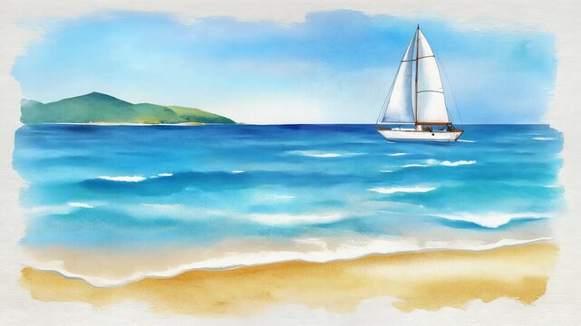 Watercolor Sailboat on Tropical Beach 4K Generative AI