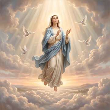 Sacred Christian Illustration of the Assumption of Mary Surrounded by Radiant Celestial Light