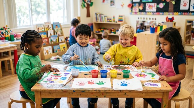 Diverse group of young children happily engaged in a colorful art class painting and creating masterpieces