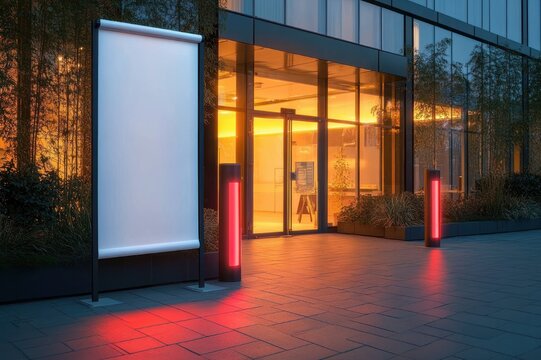 quiet modern office building entrance at dusk with warm interior glow, blank vertical billboard, red illuminated bollards and reflective glass facade