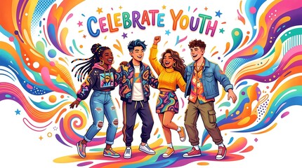 Naklejka premium Diverse young people celebrating. Youthful friends having fun together. Group of teenagers enjoying life