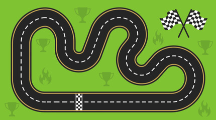 Obraz premium Winding Race Track Circuit Illustration with Checkered Flags on Green Background