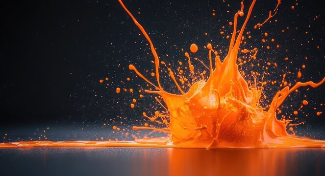 Vibrant orange liquid paint splash with suspended droplets exploding on a glossy black reflective surface, conveying energetic dynamic motion
