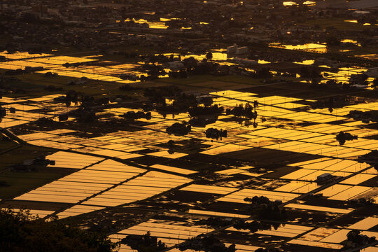 High-angle sunset view of the iconic Sankyoson dispersed settlement and flooded rice paddies in Toyama, Japan