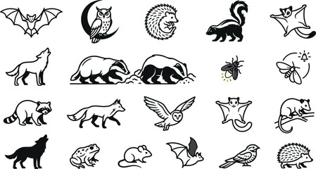Obraz premium Nocturnal Animals and Forest Wildlife Vector Icon Set with Bat, Owl, Wolf, Raccoon, Fox, Badger, and Porcupine Symbols for Nature T-Shirt Designs