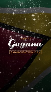 Happy guyana emancipation day text animation with waving flag and fireworks. Suitable for event promotions, banners, social media, and web graphics.